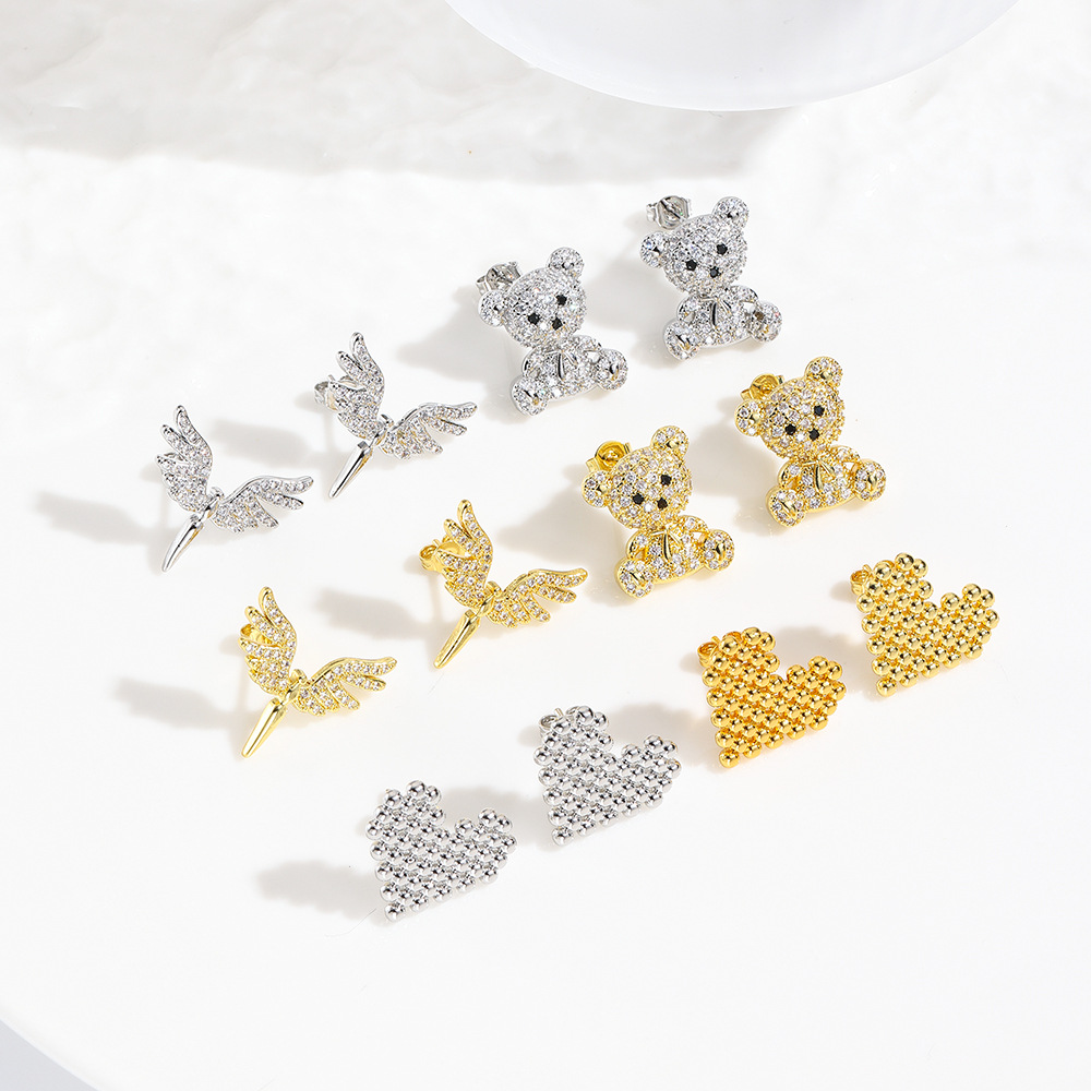 8g Weight Copper Ear Needle Material Ear Studs Classification 1 Pair Quantity Casual, Daily Occasion Copper Material Bear, Heart Shape, Wings Pattern All Seasons Season Women's Gender Plating Design Modern Style, Classic Style Style 1 Pair Modern Style Classic Style Bear Heart Shape Wings Plating Copper Ear Studs 无