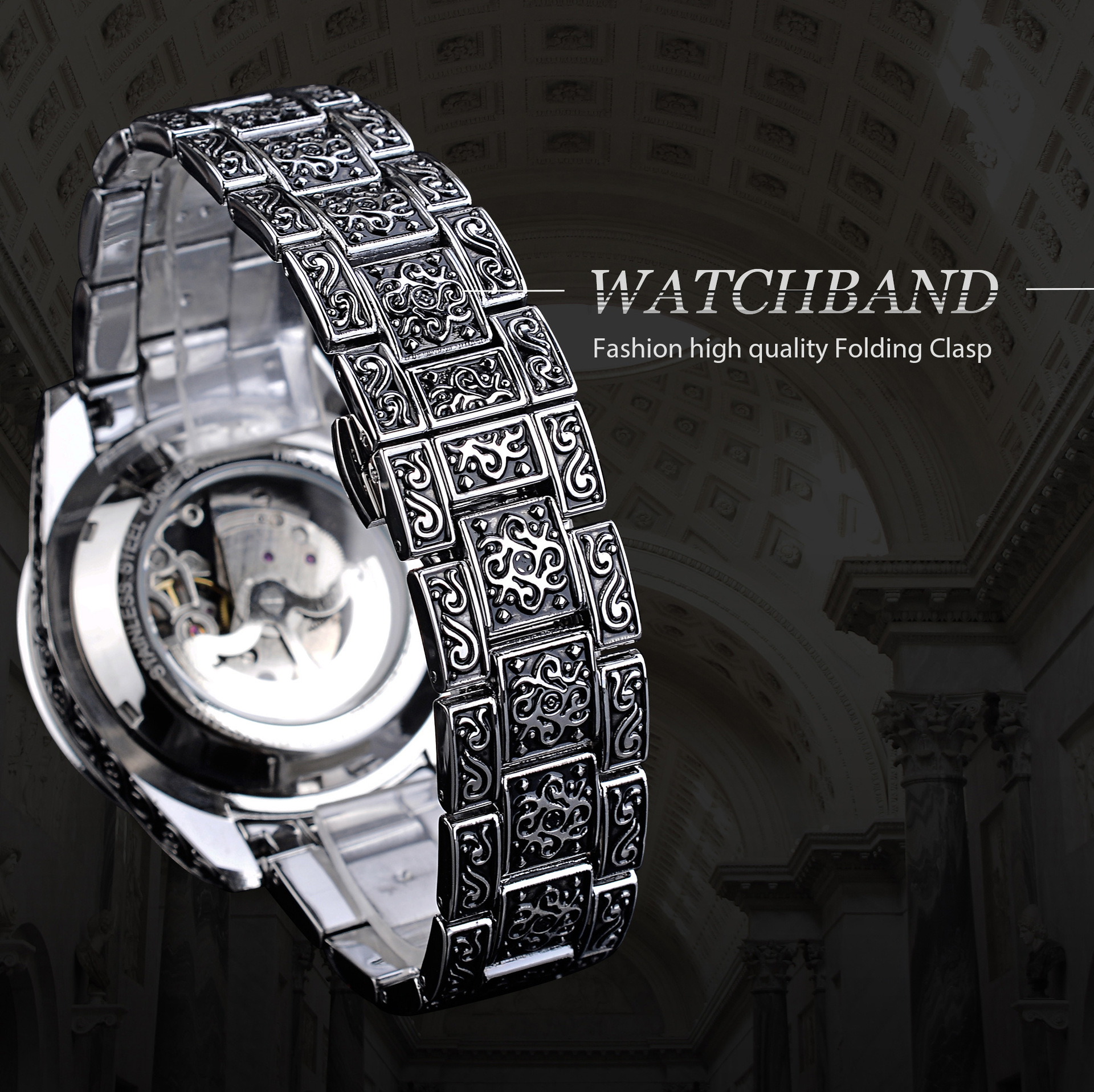 Forsining orologio meccanico completamente automatico da uomo intagliato in oro con fibbia a farfalla impermeabile_voghion.com