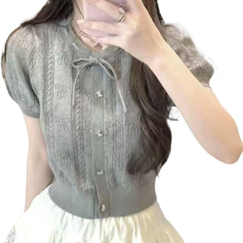 High-end gentle round collar bow short-sleeve sweater for women with a sense of design, niche foreign style, sweet age-reducing and slimming top