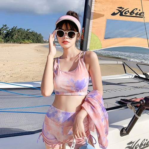 Cross-border swimsuit set for women (3 pieces), conservative flat-bottomed, Korean-inspired, suitable for plus-size, flesh-hiding, split-length, long-sleeve swimsuit for export.