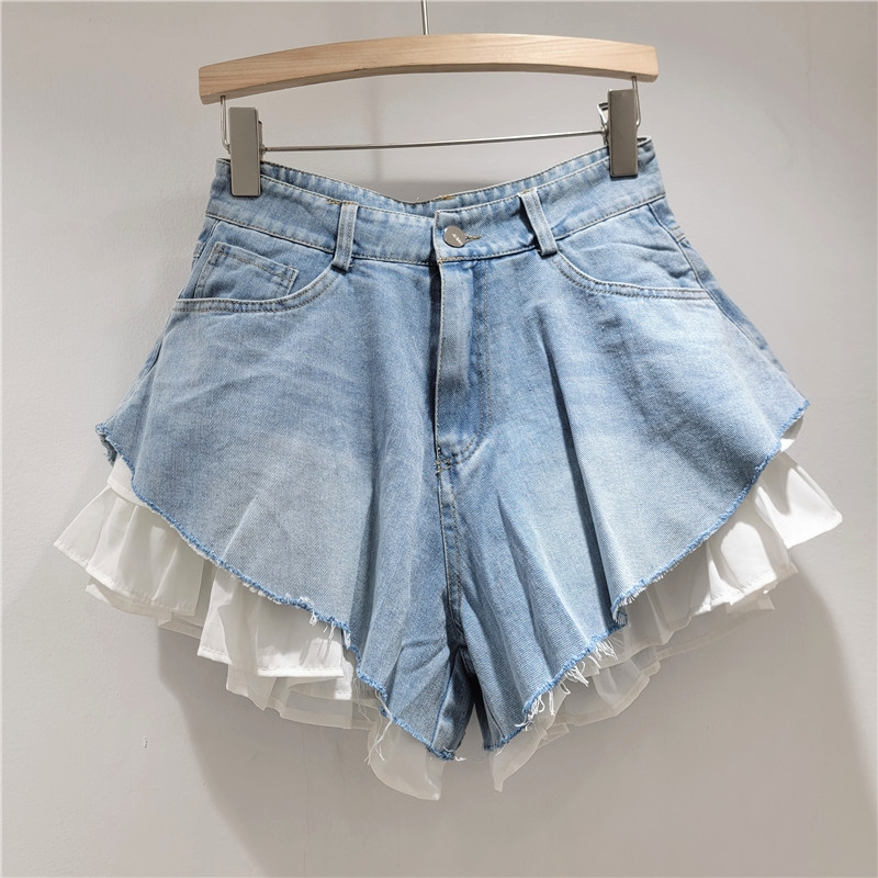 Pantalones Cortos de Mezclilla Anchos de Mezclilla con Empalme de Encaje y Lavado Desgastado