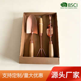 跨境镀铜不锈钢花园工具套装高档木柄铲子三耙起苗器园林工具套装