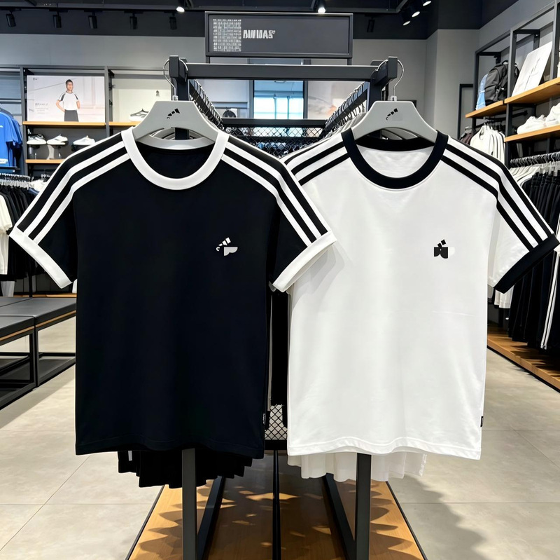 Adidas-Style Three-Stripe Round-Neck Summer New American-Style Retro Three-Stripe Short-Sleeve T-Shirt with Simple Solid Color Design Adidas-Style Three-Stripe Round-Neck Summer New American-Style Retro Three-Stripe Short-Sleeve T-Shirt with Simple Solid Color Design