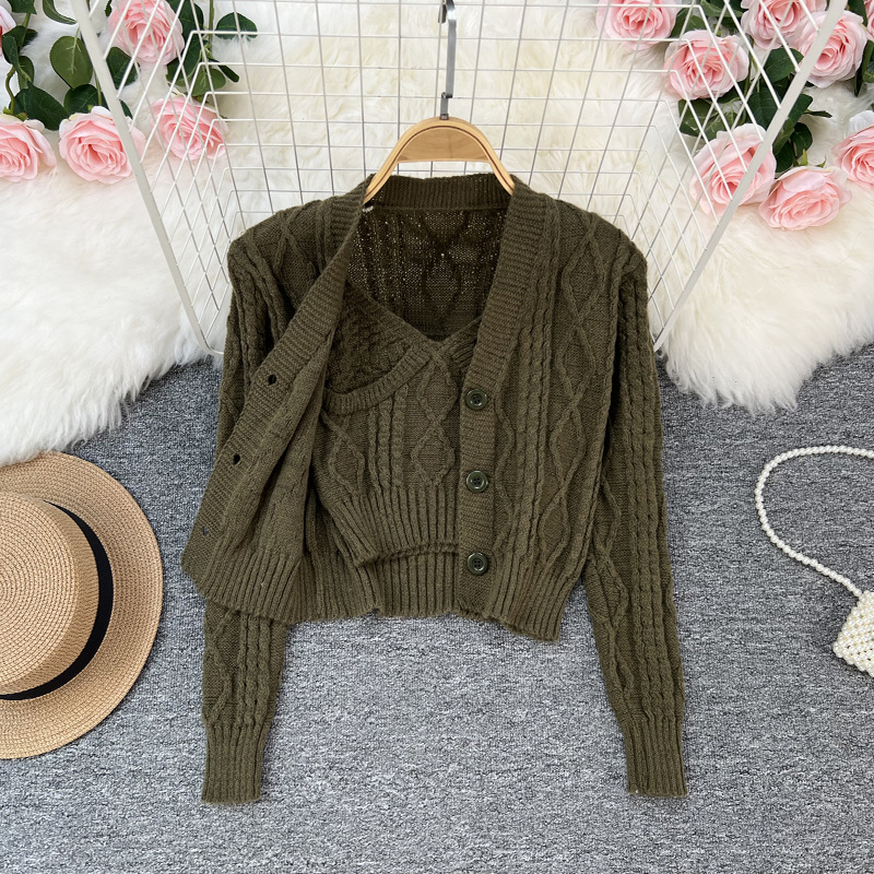 Damenbekleidung V-Ausschnitt verdrehte Strickjacke zweiteiliger Anzug für Damen im Frühjahr und Herbst neue Mode lässig einfarbiger Pullover Damenanzug_voghion.com