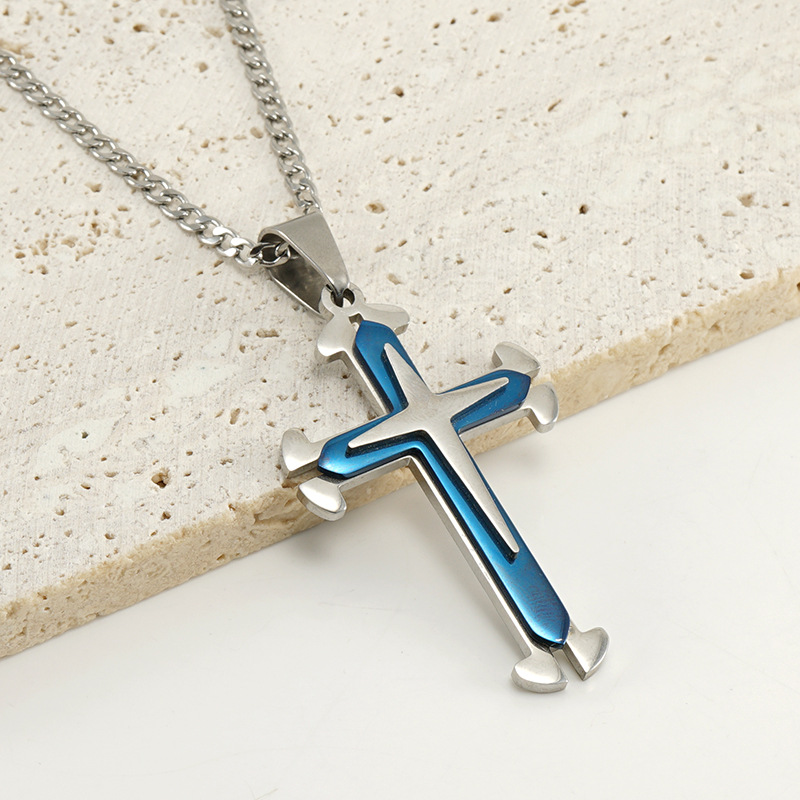 Cruz-frontera europea y americana de acero inoxidable de moda multi-capa Cruz colgante collar de los hombres de 18 quilates de oro hip hop collar de acero de titanio