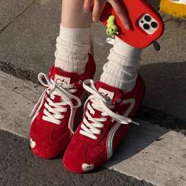 红色德训鞋女2025新款百搭运动休闲鞋薄底赛车鞋苹果休闲阿甘鞋潮