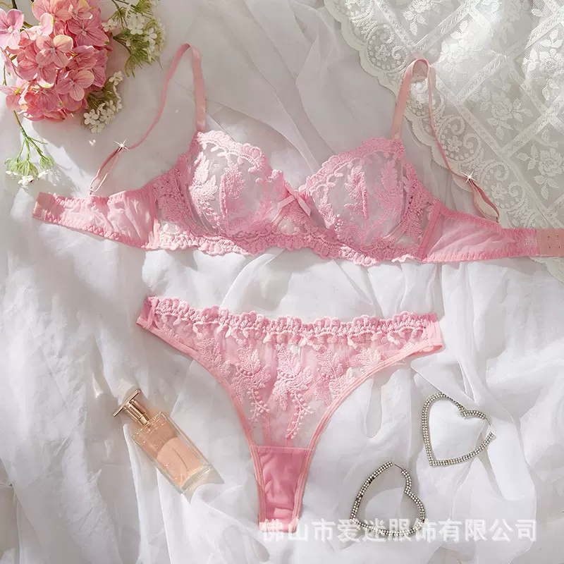 欧美性感刺绣透视蕾丝刺绣文胸聚拢跨境情趣内衣套装批发25005