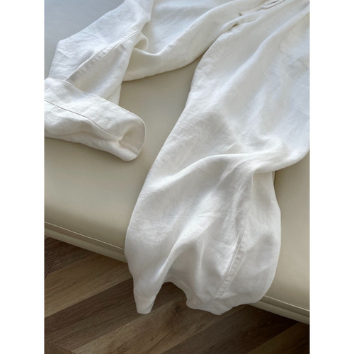 White Ramie Linen Straight Leg Wide Pants for Women, Summer Set, Slimming and Comfortable, Elastic High-Waist Cotton Linen Casual Long Pants