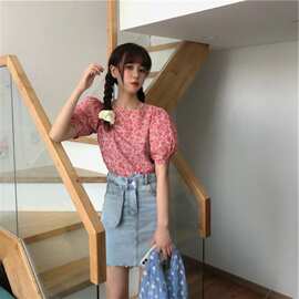 夏季2023韩版洋气碎花短袖衬衫女设计感气质灯笼袖上衣潮