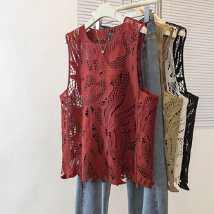 Real Shot of Plus Size Women's Clothing 2025 Early Spring New High-End Loose Sleeveless Cut Out Crochet Vest Top