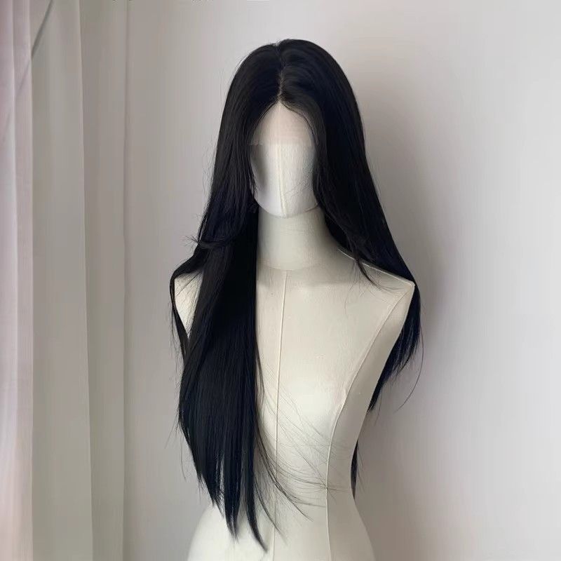 Perucas negras mujeres de encaje pequeño de ocho caracteres peñas largas recto diario negro largo recto cos gancho de mano cubierta de cabeza