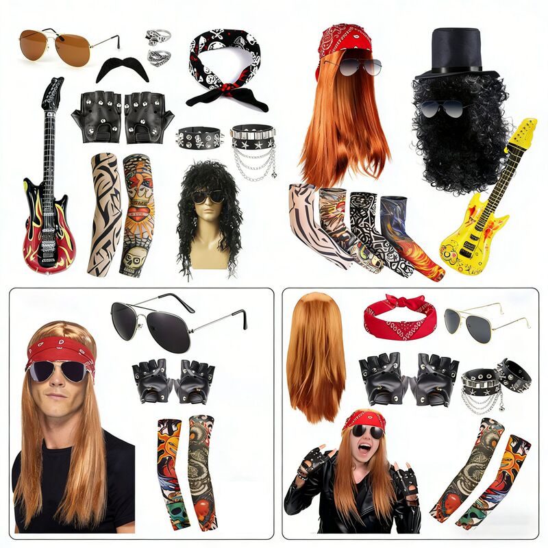 80S Rock Superstar Cosplay Outfit Heavy Metal Music Festival Party Wig Headscarf Gloves