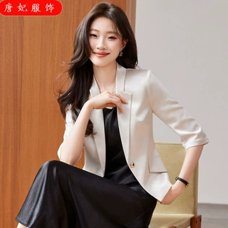2026新款夏季七分袖香槟色醋酸缎面西装外套女小个子薄款休闲西服