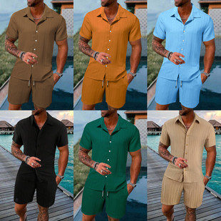 2024 European and American Cross-border Amazon Independent Station New Cotton and Linen Shorts Multi-bag Tether Men's Striped Beach Pants