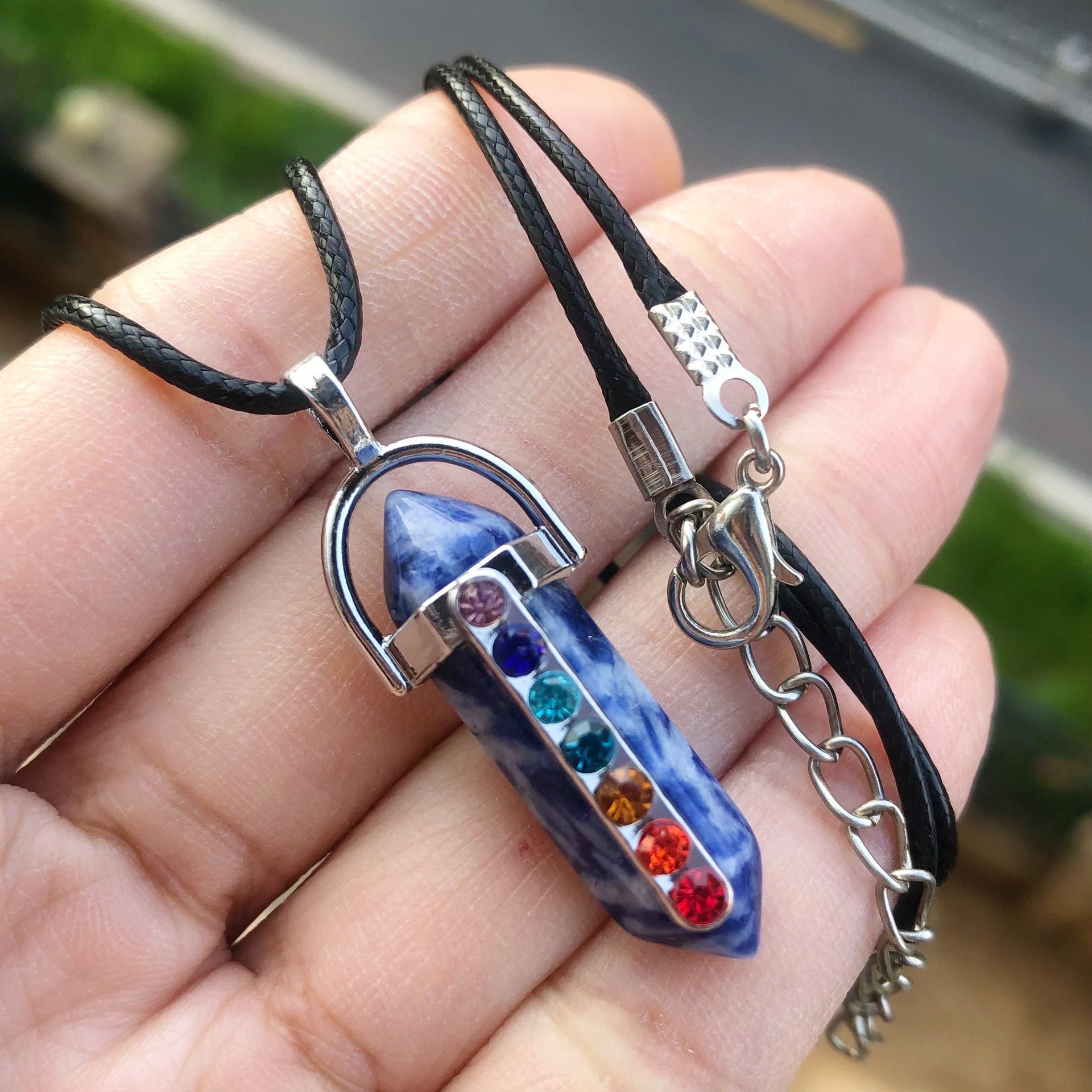 natural stone, Leather rope Material Casual Retro Geometric Zircon Natural Stone Leather Rope Wholesale Pendant Necklace
