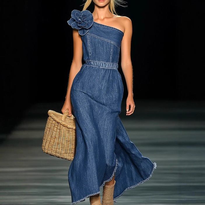 European and American Cross-Border Independent Website Elegant Strapless Denim 3D Floral Long Dress