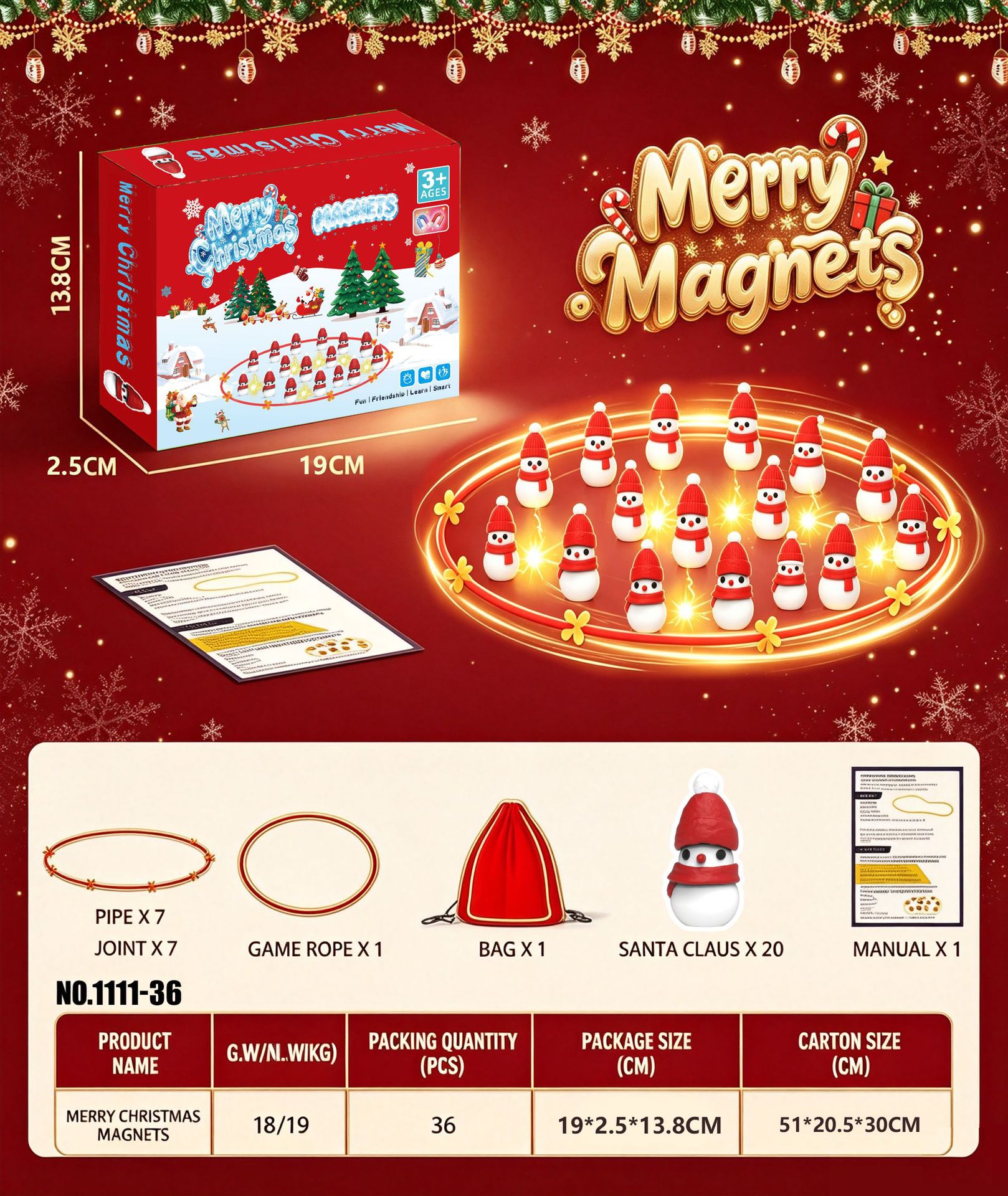 【Emballage Boîte Couleur Anglaise】Jeu d'Échecs Magnétique Bonhomme de Neige de Noël (Type A) (Corde + 20 Bonhommes de Neige de Noël + Sac de Rangement)