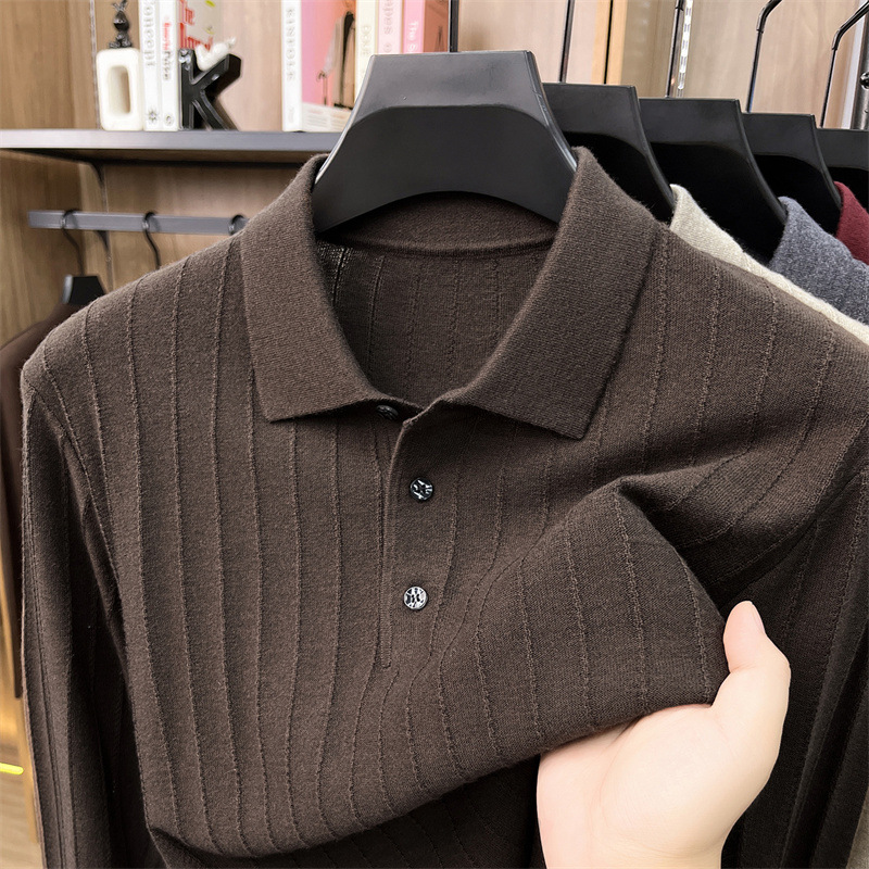 High-quality polo shirt with a collar, men's knitted long-sleeved shirt, 2026 autumn collection, solid-color casual knit undershirt for middle-aged men