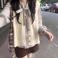 早秋学院风宽松显瘦软糯针织开衫女学生+百搭复古格纹衬衫两件套