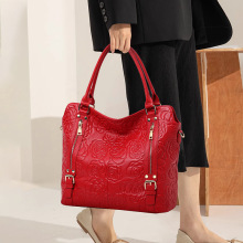 千典手提包大容量女包时尚压花真皮牛皮手拎包包女式斜挎包气质包