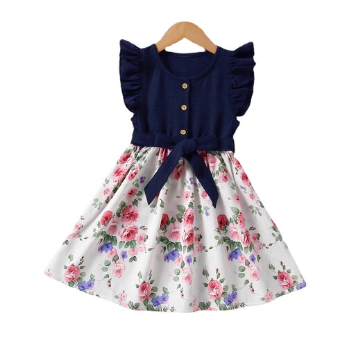 Children's Summer New Arrival Floral Edge Short Sleeve Dress with Ties