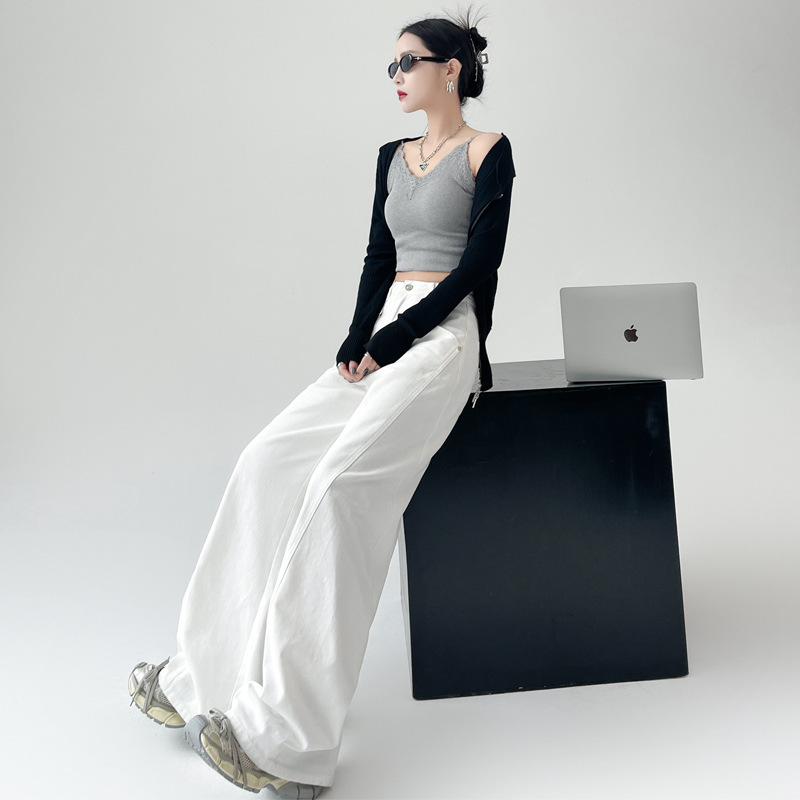 Minghai Spring White Retro High-Waisted Wide-Leg Jeans for Women, Loose Fit, Slimming Casual Straight-Leg Pants, Floor-Length Pants