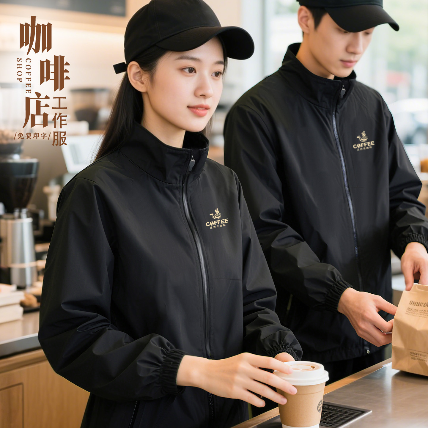 立领防水冲锋衣工作服logo秋冬餐饮奶茶咖啡店服务员工装外套