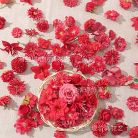 红色系混搭彷真花假花绢花diy手作簪花头饰学士帽花环材料包