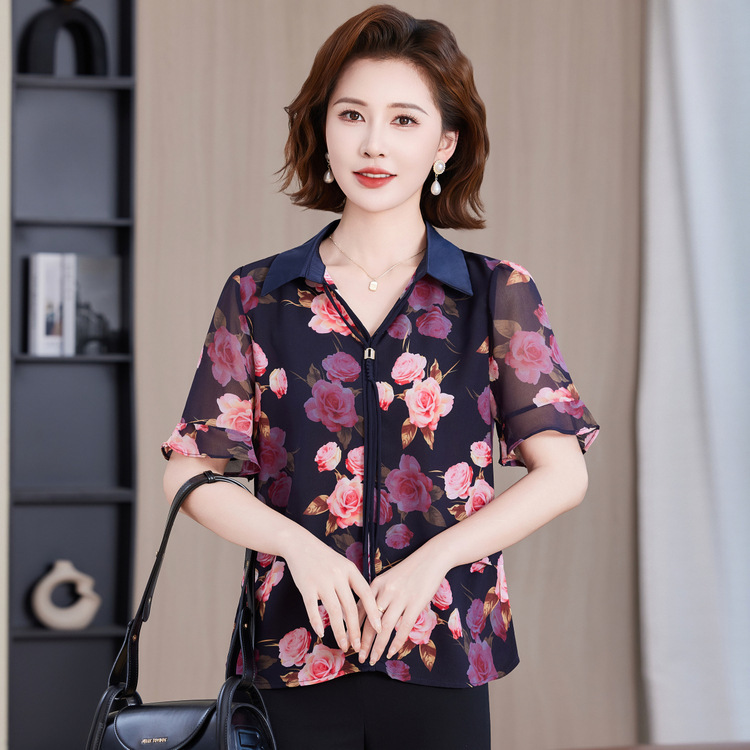 Middle-Aged and Elderly Mothers' Summer Short-Sleeved Tops, Middle-Aged Women's Tops, Mother's Day Large Size Printed Tops