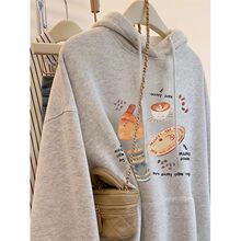 灰色印花连帽套头卫衣女早秋2025新款慵懒风帽衫宽松长袖上衣