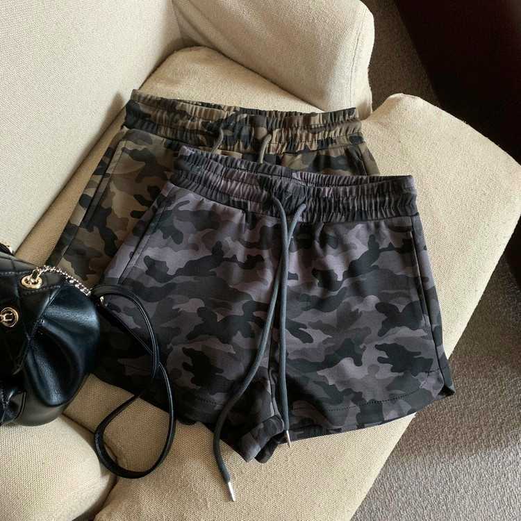 American Retro Drawstring Camouflage Casual Shorts for Women, New Summer Design, Niche Loose Versatile Wide-Leg Hot Pants