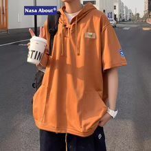 NASA国潮连帽短袖卫衣设计感盘扣t恤男夏潮牌五分袖工装外套纯色