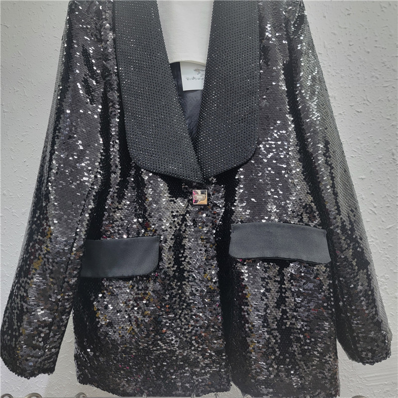 Saco de Vestir Negro Holgado con Lentejuelas de Algodón y Poliéster para Primavera
