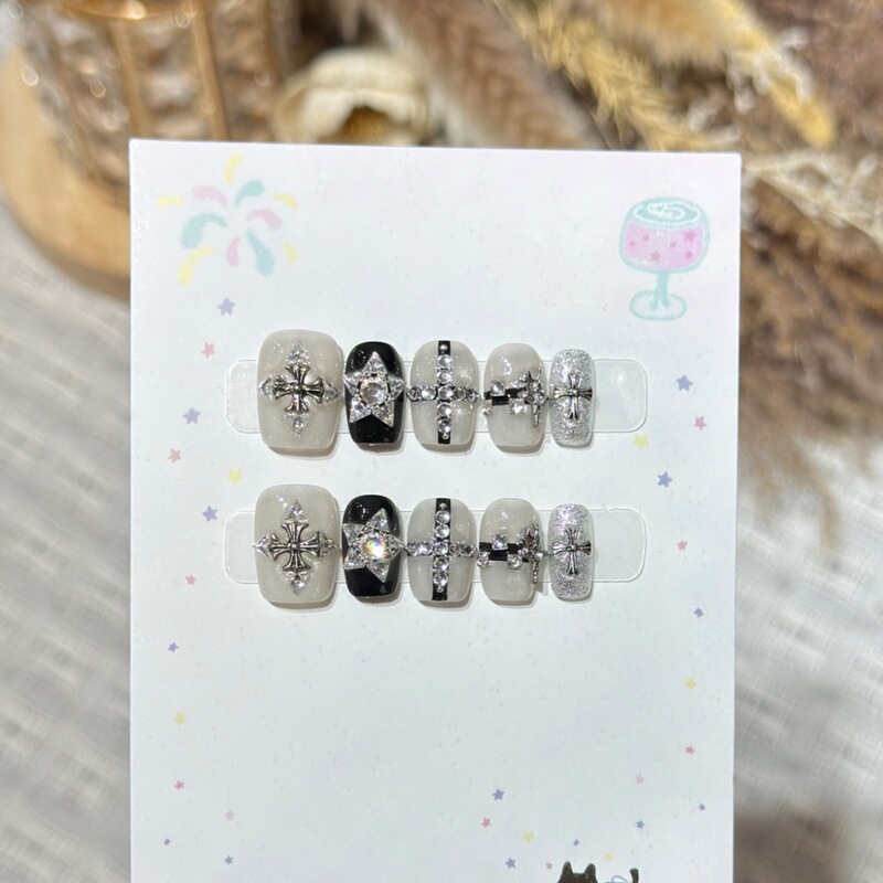 Cross-Border Gothic Full Diamond Cat Eye Short Nail Stickers Dark Style Spicy Girl Handmade Wearable Nails Fake Nails