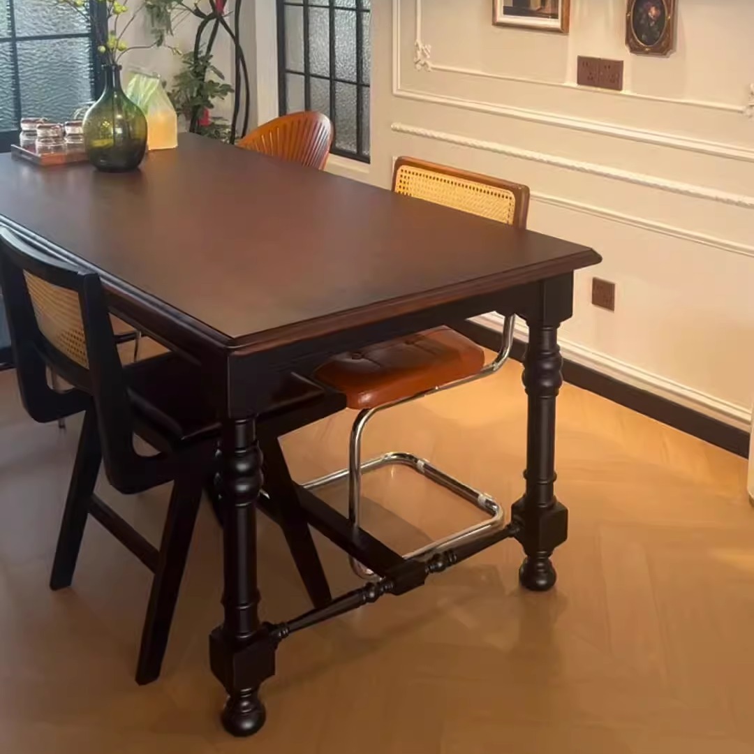 French Solid Wood Dining Table, Medieval Black Nanyang Style Retro Home Long Table, American Country Villa Rectangular Dining Table