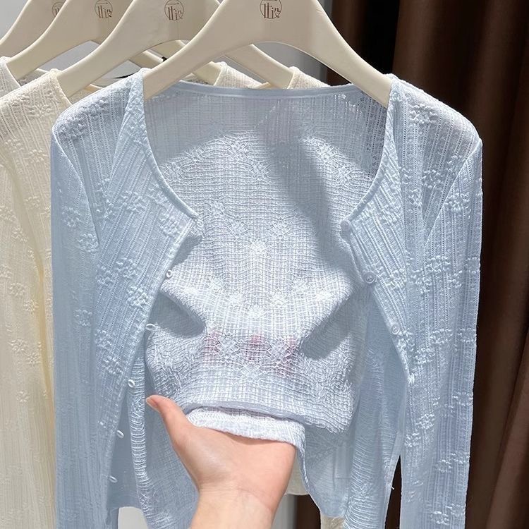 Korean Style Knitted Sweater for Women, Small Cardigan with Suspender Dress, Summer Outer Blouse, Thin Lace Sun Protection Jacket