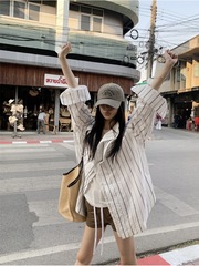 美式复古竖条纹长袖防晒衬衫女秋季慵懒风宽松显瘦简约别致上衣潮