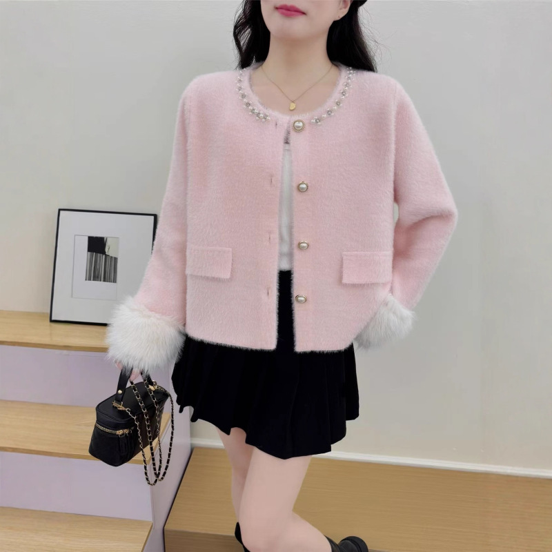 Kaning Pink Stylish Youthful Chanel-Style Knitted Cardigan for Women 2026 Autumn New Women's Sweater Coat