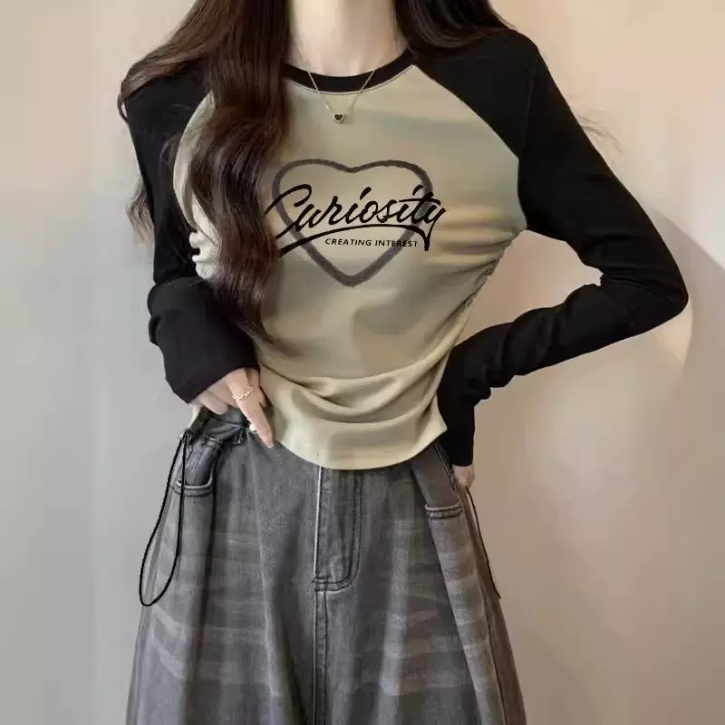 圆领长袖拼色插肩T恤女装春秋新款抽绳收腰修身短款百搭打底上衣