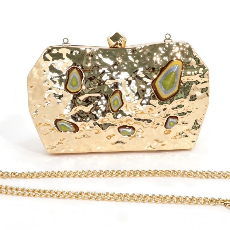 European and American cross-border heavy-duty hammered metal evening bag with acrylic agate inlay, women's clutch with chain shoulder strap
