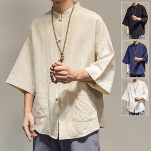 New Chinese Style Hanfu Taoist Gown Summer Linen Buckle Cropped Sleeve Shirt Men's Chinese Style Zen Style Men's Tang Suit