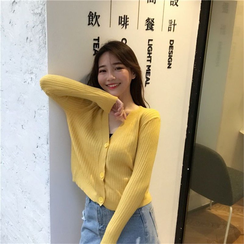 春秋新款宽松温柔风短款韩版网红V领外穿长袖针织开衫女装上衣ins|undefined
