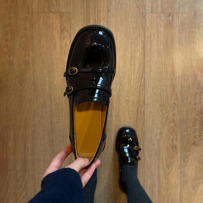Sheepskin Version~French-Style British Patent Leather Low-Heeled Women's Slip-On Loafers with Round Toe for Commuting
