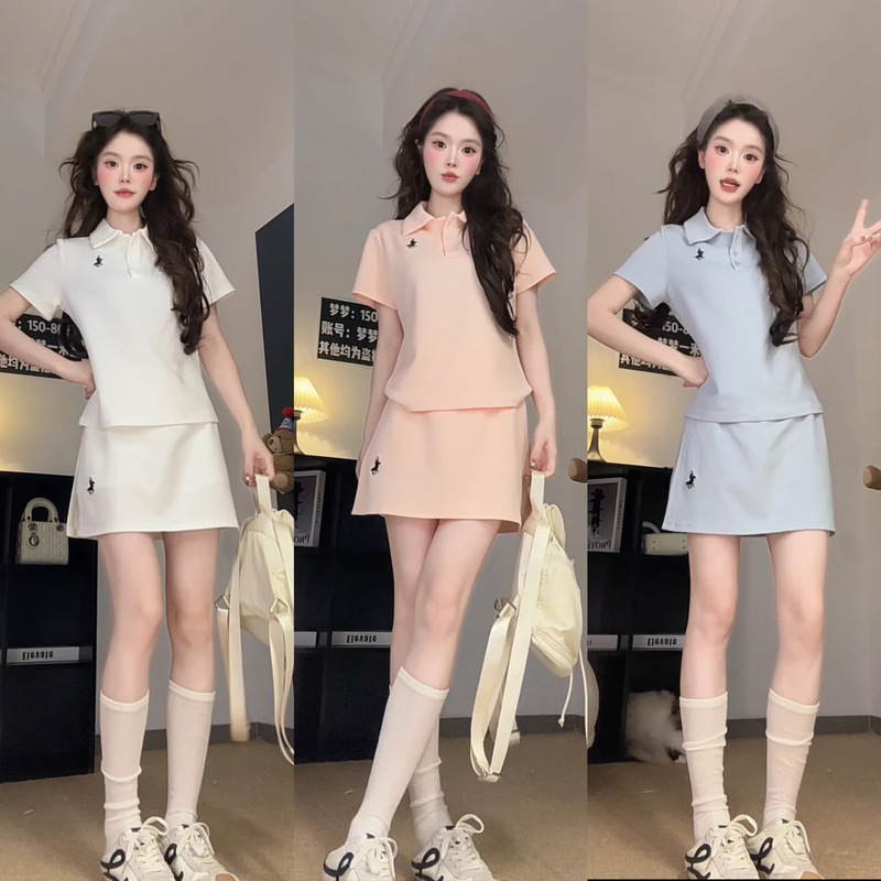 Korean Casual Suit for Women, Summer Embroidered Polo Short-Sleeved T-Shirt, Sexy Short Skirt, Age-Reducing and Slimming Look Two-Piece Set