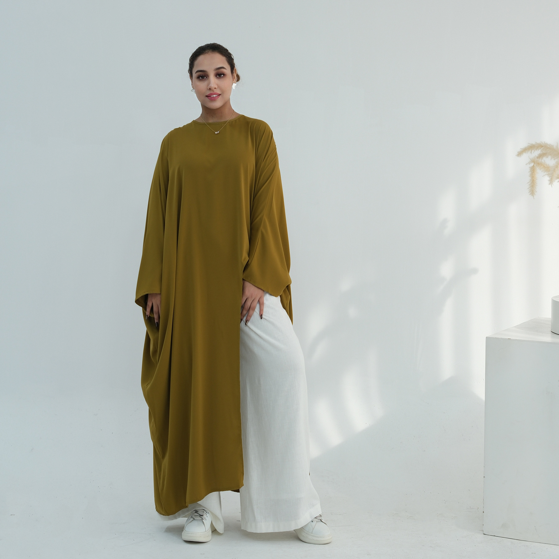 Voya Women's Oversized Modest Robe - Loose Fit Asymmetric Top With Crew Neck, Solid Color Longline Cardigan, Casual Loungewear, Elegant Daily Wear,_ecoleips.com