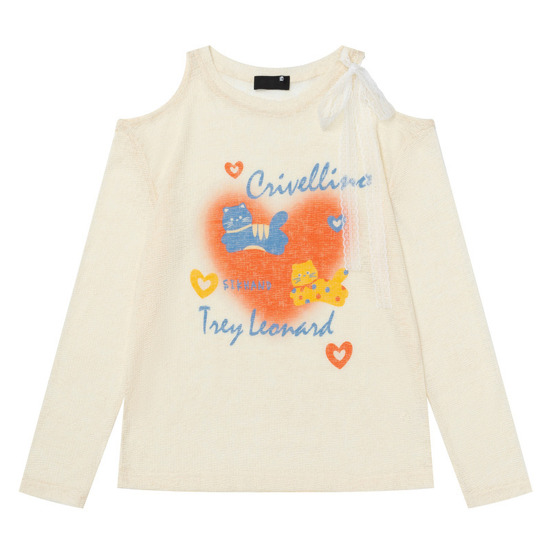 Men's Clothing Ins Sweet Cute Kitten Print Off-Shoulder Petite Thin Blouse Long-Sleeved T-Shirt Women's Top