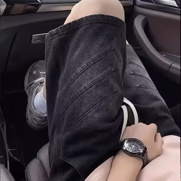 Washed Pleated Denim Shorts Men's Summer Wear Shark Gills Drawstring Five-point Pants Cleanfit Casual Pants_viptrois.com