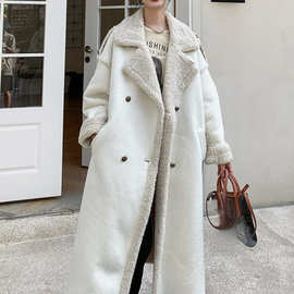 2024冬装新款感中长款麂皮白色皮毛一体羊羔毛加厚外套大衣女批发