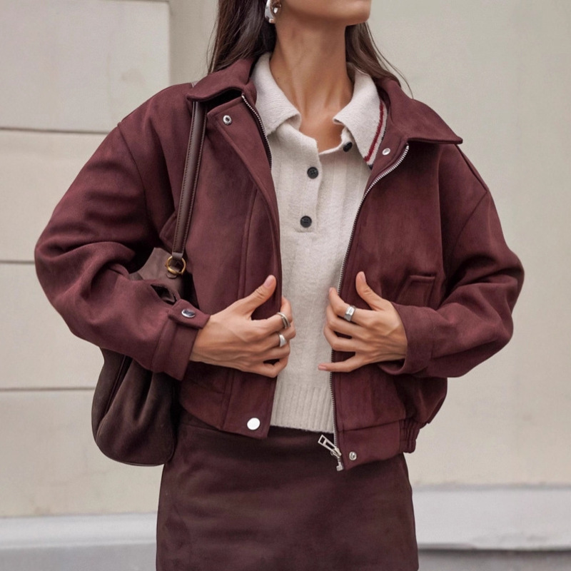 Maillard Retro Red-Brown Suede Jacket for Women 2026 Autumn and Winter Casual Loose Lapel Jacket Top Women's Clothing
