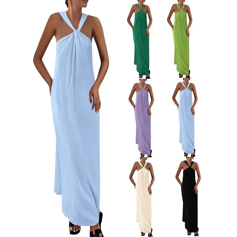 2026 Summer European and American Amazon Cross-Border Sleeveless Tie-Back Loose Beach Halter Pocket Maxi Dress with Straps